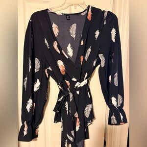 Women’s Plus SHEIN Sz 3x Long Sleeve Black Feather Tie Front Wrap Blouse Shirt